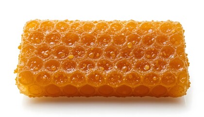 Macro shot of fresh honeycomb with glistening honey, isolated on white background, soft shadows