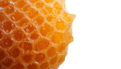 Macro shot of fresh honeycomb with glistening honey, isolated on white background, soft shadows