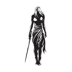Vector illustration of a strong female warrior holding a sword, representing power, bravery, and heroic character. Suitable for use in game design, posters, books, and other digital projects.

