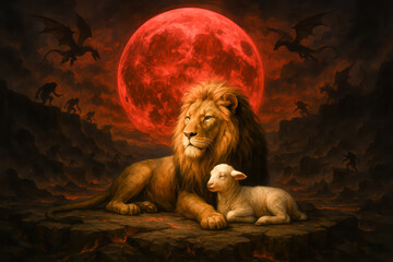 Lion and Lamb Before Blood Moon Surrounded by Demons – Biblical End Times Symbol of Peace, Power, and Revelation Prophecy