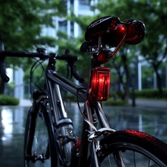 Bicycle Tail Light Shining Brightly on Rainy City Street for Enhanced Visibility