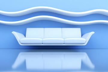 Modern minimalist light blue sofa in a room with wavy shelves. Perfect for interior design, home decor, and relaxation concepts.