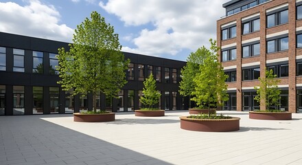 Architectural Harmony and Serenity Green Trees Flourishing in Urban Courtyard with Modern Buildings and Open Space Design on Sunny Day