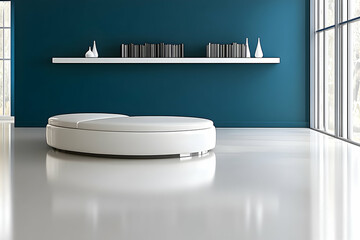 Modern minimalist interior design featuring a sleek white circular seating element against a teal wall, complemented by a floating shelf with books and vases.