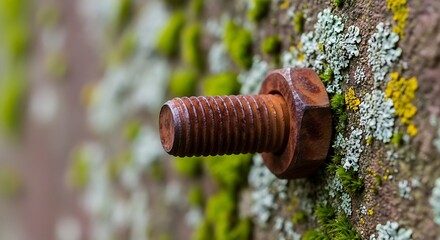 Close Up Shot of Rusting Bolt With Moss and Lichen Growing on Wood Surface in Nature Environment During Daytime