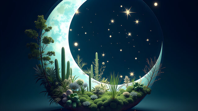 Celestial Terrarium Crescent Moon Enclosing Foliage, Stars, Geometric Composition, a NightSky Sanctuary.