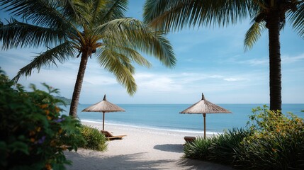 Fototapeta premium Tropical Beach Haven: Pristine white beach with swaying palm tree and serene parasol offering idyllic vacation destination.