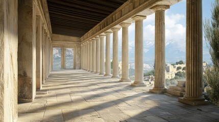 Ancient Greek Colonnade with Mountain View
