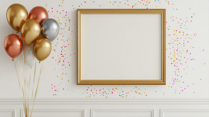 Vintage frame on the wall. Minimalistic confetti celebration background featuring balloons and a gold photo frame.