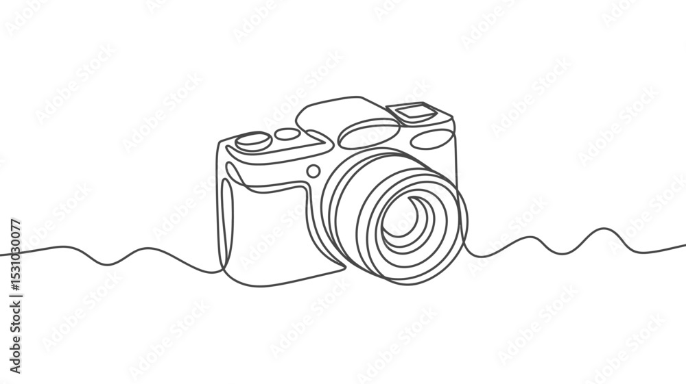 Poster continuous line drawing of a camera on a white background