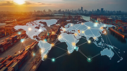 World map overlaid with a network of shipping containers bulk carrier aerial view. Logistics supply chain network. Global business network binary codde container tracking import and export trade.