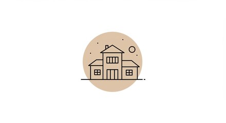 Minimalist House Icon: Simple Outline on Beige Circle, Building Design, Geometric Illustration