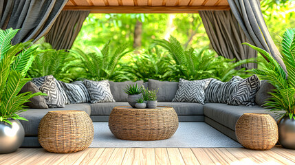 Tranquil outdoor lounge setting with grey sofa, wicker tables, lush tropical plants, and draped curtains. Perfect for relaxation and serenity.