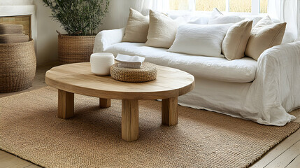 Relaxing living room interior with linen sofa, wooden coffee table, jute rug, and natural decor.  Perfect for home decor, interior design, and lifestyle blogs.