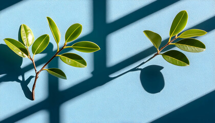 Two vibrant green sprigs cast dramatic shadows on a light blue textured background, creating a minimalist botanical image perfect for design projects.