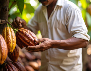 From a distance, a farmer is harvesting cacao in the garden, natural background and soft light.