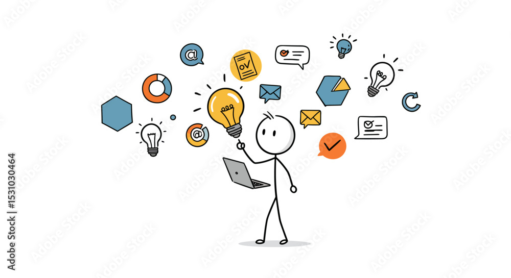 Poster stick figure with laptop and illuminated idea bulb surrounded by communication icons