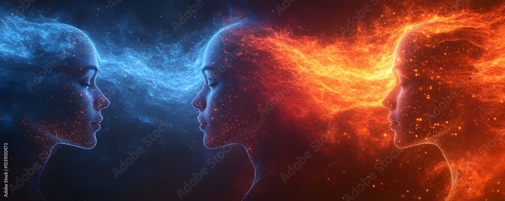 Poster digitized human profiles transitioning into a vibrant undulating wave of binary code representing th
