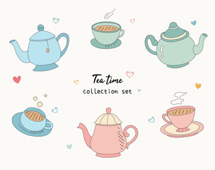 Tea cup and teapot cute doodles illustration collection set. Isolated vector of tea time objects in pastel color. For material, asset, decoration, sticker, book, design, element