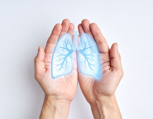 a pair of hands holding an anatomical icon of the lungs on a white background. The concept of lung health, the dangers of smoking, the dangers of air pollution