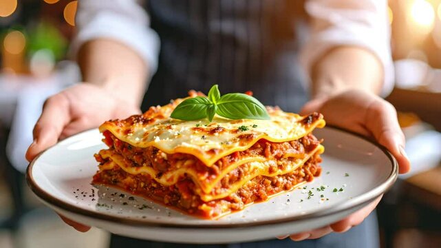 A Pair of Hands Serving a Plate of Beef Lasagna