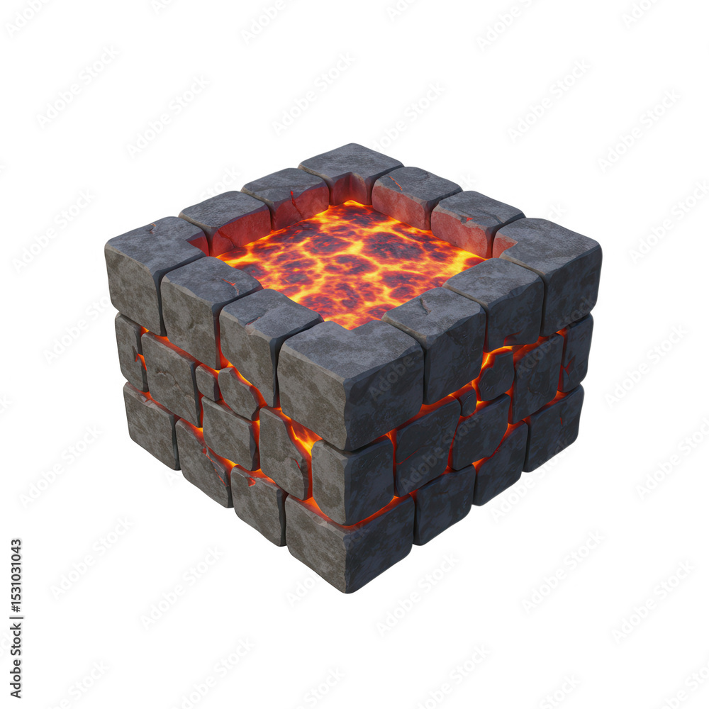 Poster stone cube with molten lava inside isolated on transparent background