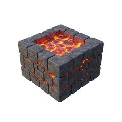 Stone cube with molten lava inside isolated on transparent background