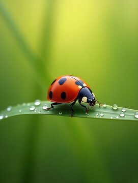 Ladybug Crawling on Dewy Grass Blade in Morning Light