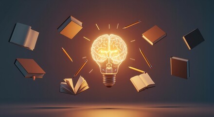 An electric light bulb in the form of a brain surrounded by floating books, symbolizing the enlightenment and enlightenment of the mind from learning