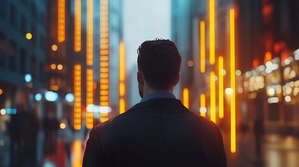 Man in Suit Walking in Futuristic City at Night