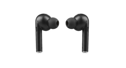 Black wireless earbuds headphones for music listening and calls with noise cancelling technology design on transparent background