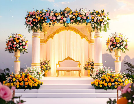 An exquisite wedding stage features a golden arch and columns, adorned with vibrant floral arrangements and lush orange fruits, creating a festive, opulent atmospher - Powered by Adobe