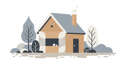 Naklejka premium Scandinavian house with wooden texture and stylized trees in soft tones