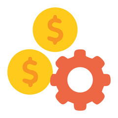 Economy concept icon featuring two gold coins with dollar signs and a red gear symbolizing economic growth. Suitable for financial designs.