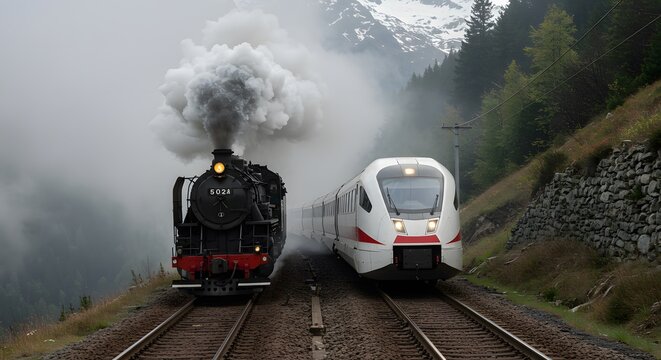 An old steam locomotive racing alongside a magnetic levitation train on parallel tracks through a foggy mountain pass, representing the evolution of transportation