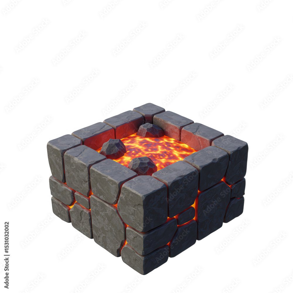 Poster 3d render of molten lava in stone cube isolated on transparent background