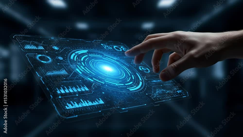 Aufkleber a hand reaches out to touch a holographic interface, activating glowing displays and vibrant data vi