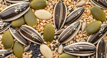 Assorted Mix of Sunflower Pumpkin and Sesame Seeds Healthy Nutrient Rich Snacks and Garnishes in Closeup View