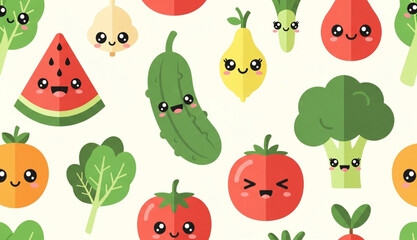 Cute Cartoon Vegetable and Fruit Pattern | Playful Food Illustration for Children's Products, Healthy Eating Campaigns, and Educational Materials