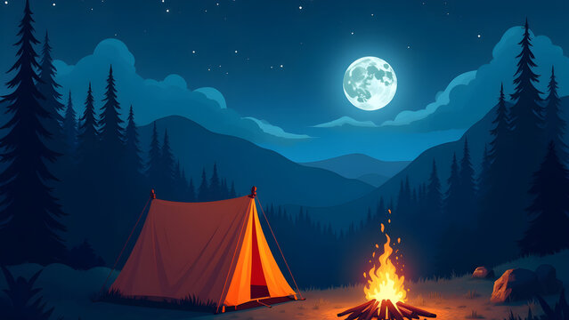 Camping Tent Under Moonlight with Bonfire and Mountain Landscape