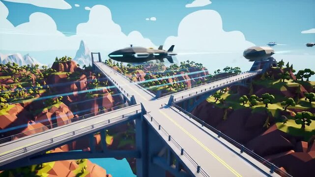 Colorful stylized landscape with bridges and flying vehicles