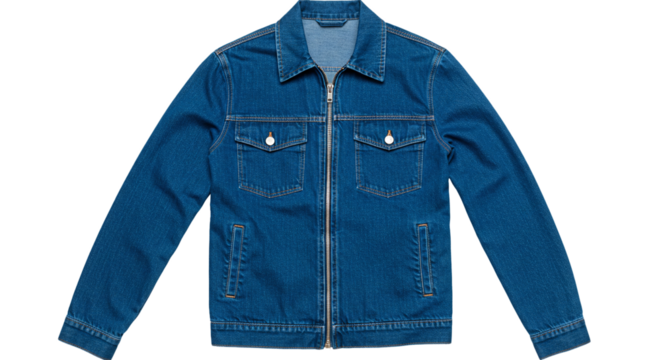 Shop stylish blue denim jacket for men with zip closure and chest pockets fashion apparel online now on transparent background