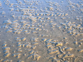 Watery beach mud background with with wave pattern, texture