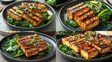 Four plates of grilled tofu, glazed with a dark sauce, served over spinach