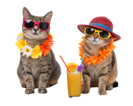 Two cats wearing sunglasses and leis with a drink on a black background ready for vacation