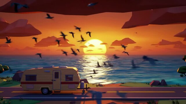 Colorful sunset road trip along the coast low poly camper van and ocean seaside vacation design