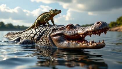 Obraz premium a full body ultra realistic crocodile swimming on the water surface, hyper detailed scales and textures, sharp claws and teeth, vivid reptilian eyes, photorealistic lighting, 8k resolution, 300 dpi