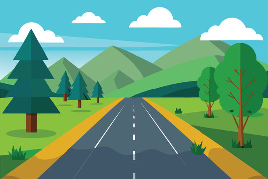 2D Roadside View Vector Illustration Clean Landscape Simple Trees Clean Vector