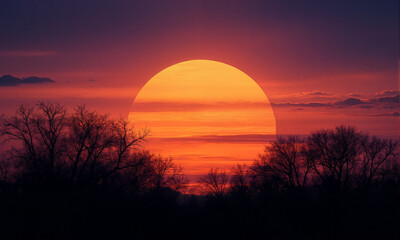A sunset with trees in front
