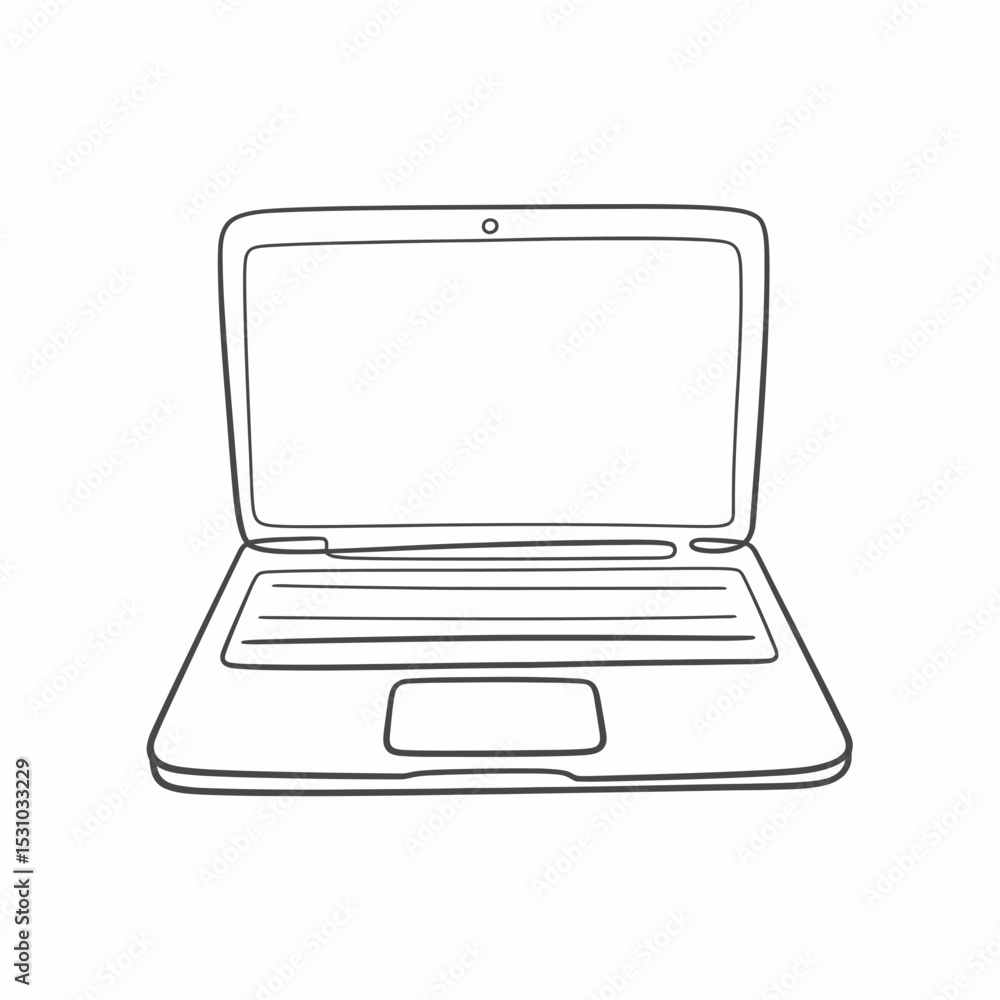 Poster simple line drawing of an open laptop computer on white